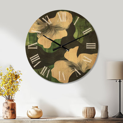 Danse des pétales d'émeraude - Horloge murale ronde abstraite, imprimée sur bois