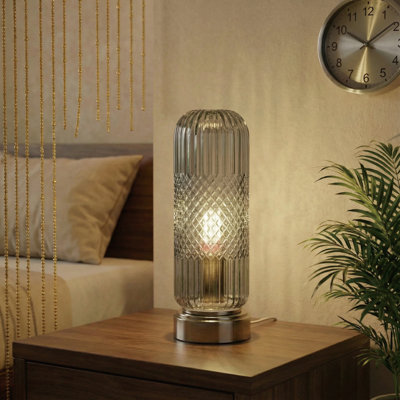 11.61'' Touch Dimmable Ribbed Diamond Glass Table Lamp with Antique Bronze Base and E12 Lamp Holder for Bedroom, Living Room or Entryway