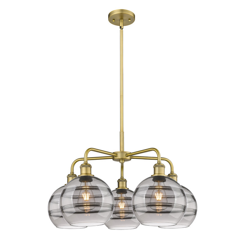 Lustre rond / ovale à abat-jour 5 lumières, H 15,38 po x l 26 po x P 26 po, Gris fumée clair, Laiton brossé