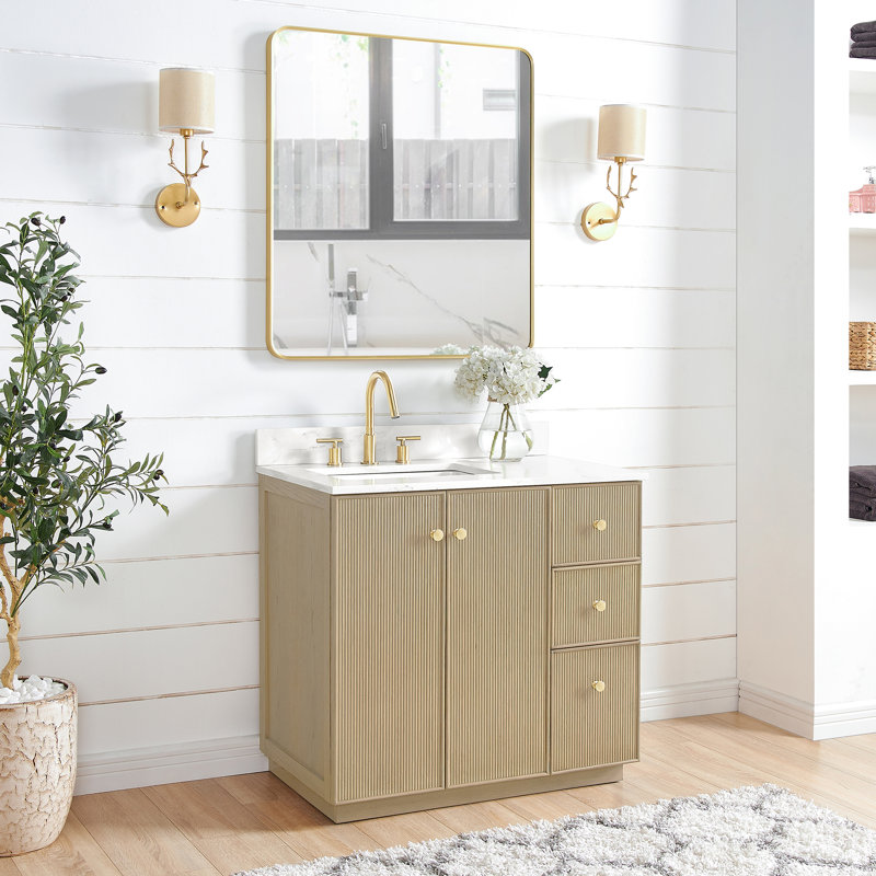 Amella 36'' Free Standing Single Bathroom Vanity with Quartz Top, Natural Oak