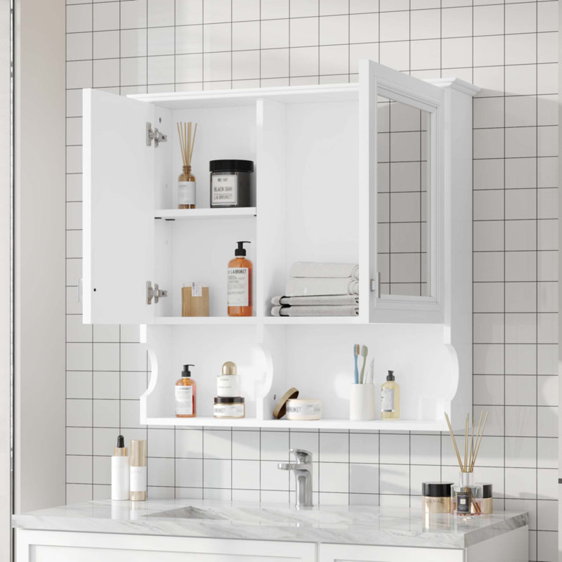 Armoire à pharmacie à miroir avec tablettes ouvertes, rangement mural avec portes et miroir, Blanc