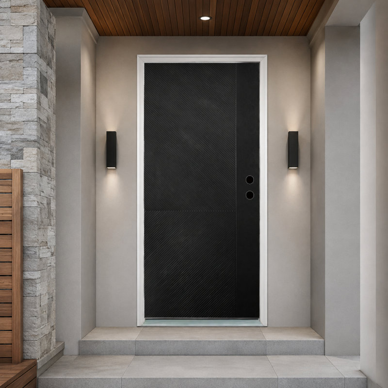 Porte d'entrée moderne en fibre de verre pleine de 91,4 cm x 203,2 cm (36 po x 80 po) avec panneau affleurant à rainure en V et cadre non assemblé, finition noire