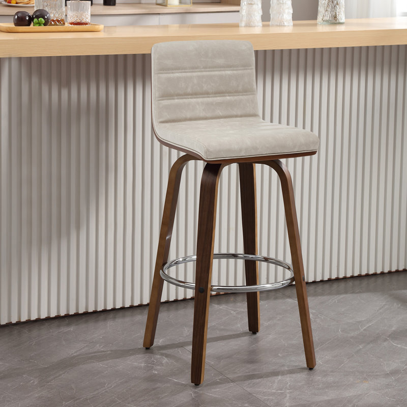 Tabouret de bar et de comptoir pivotant rembourré avec structure en bois massif et dossier en similicuir en forme de L