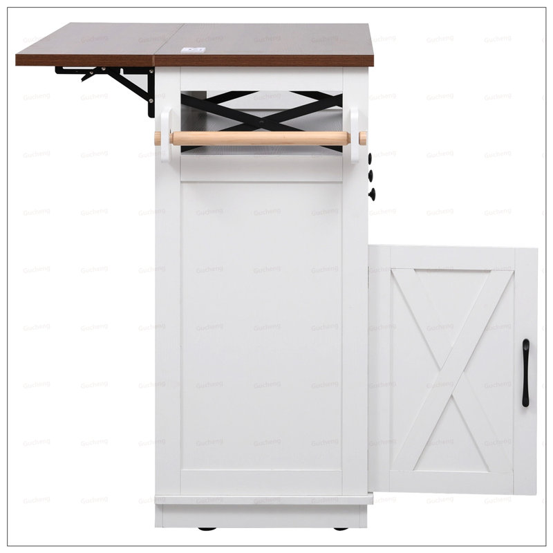 Farmhouse Kitchen Island with Drape of Beads, Power Outlet, and Rolling Wheels for Versatile Storage and Mobility, White