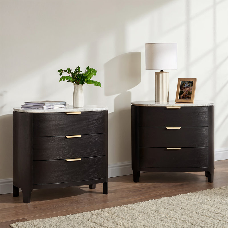 Burdine Giselle Modern 28" W 3 Drawer Solid Wood Nightstand with Marble Top and Oak Veneer, Black