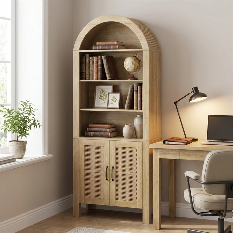 Bibliothèque arquée en rotin avec armoire de rangement, Naturel