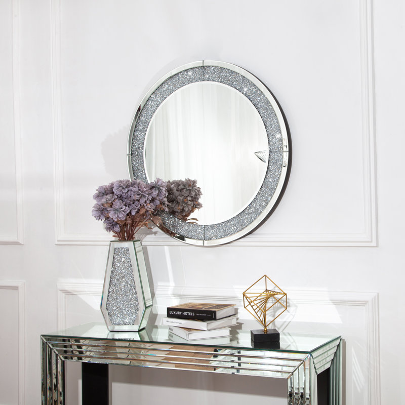 Glass Round Wall Mirror Diamond Framed Venetian Accent Mirror 80x80cm