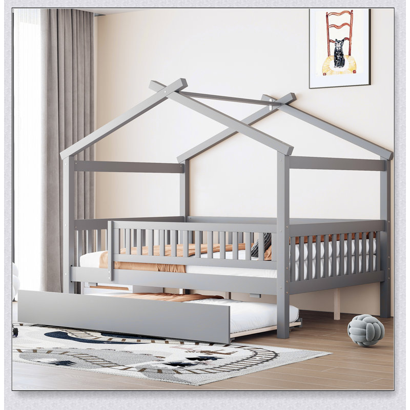 Wooden House Bed With Trundle, Gray