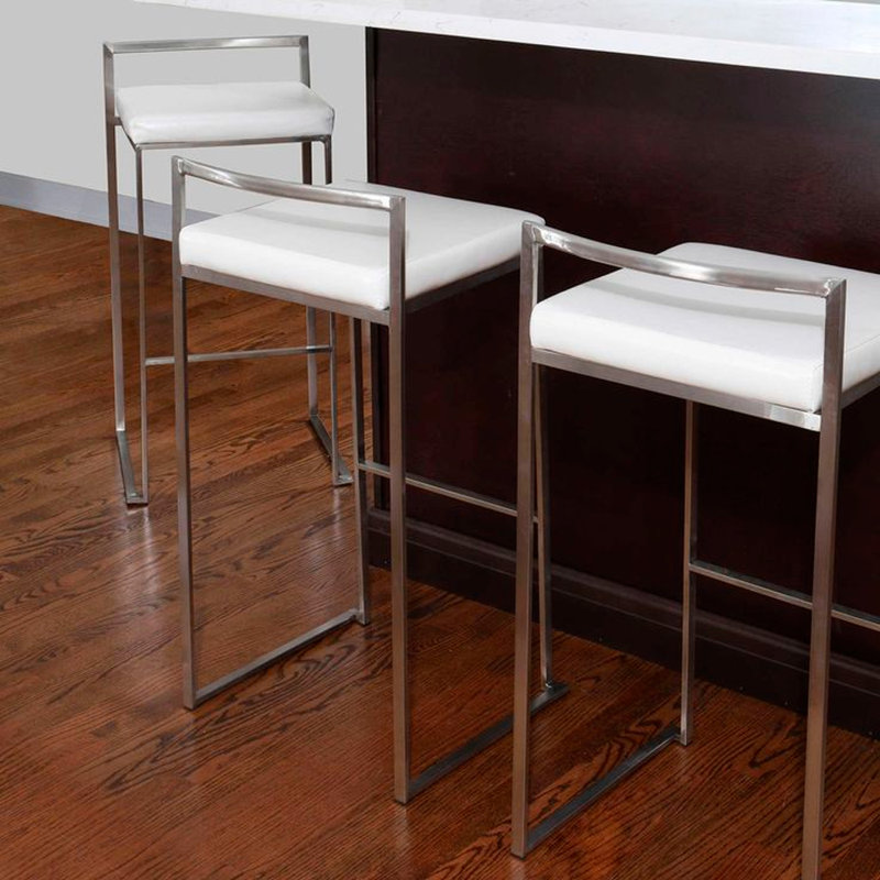 Bobrow Kuelper Unfinished 27'' Counter Stool, Faux Leather White, Silver