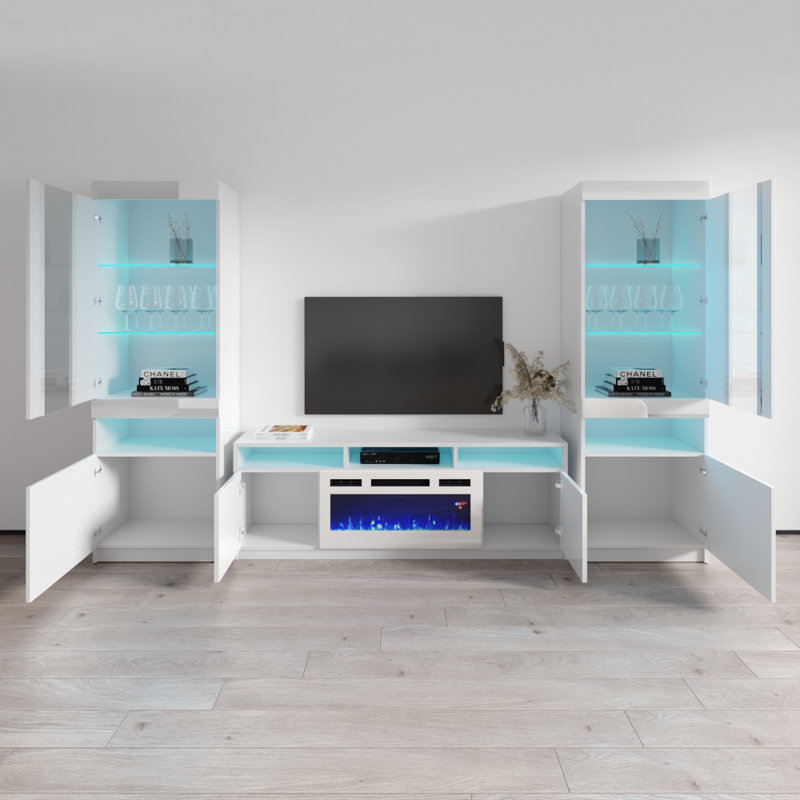 Azniv 110.2" Modern Entertainment Center with Electric Fireplace, High Gloss Finish, Media Storage, White