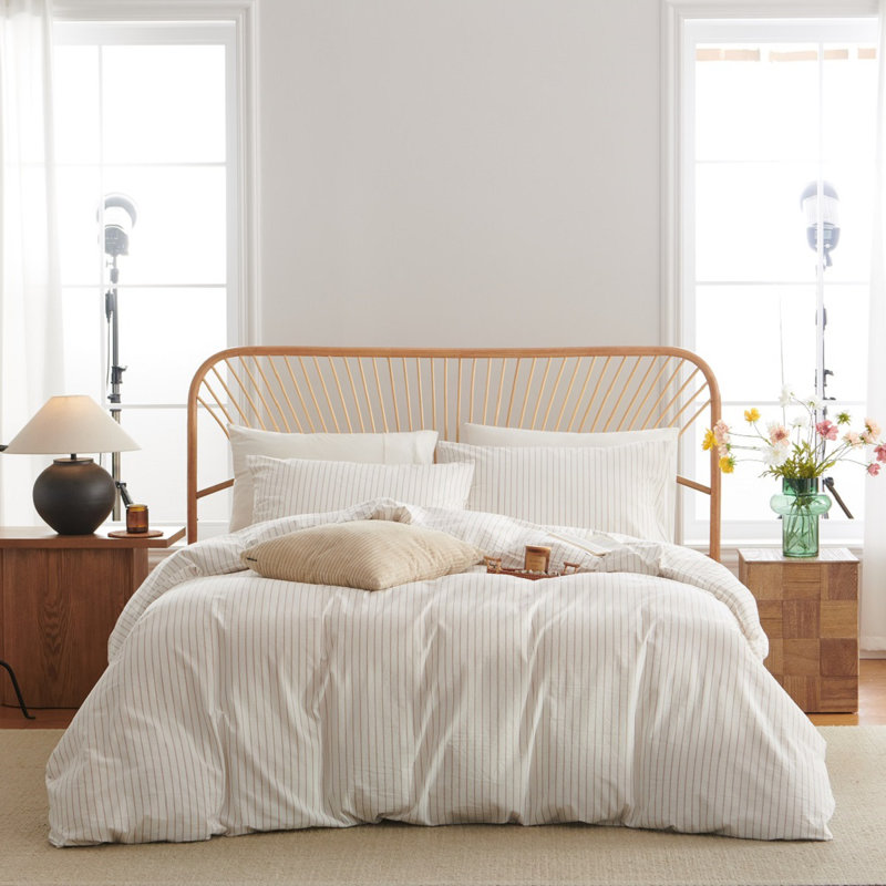 Ensemble de housse de couette rayée en coton délavé comme du lin, Housse de couette grand et 2 taies d'oreiller stan
