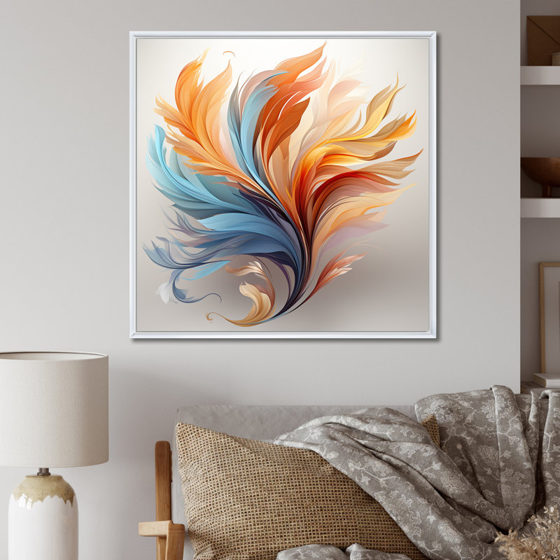 Fractale, plume bohémienne orange et turquoise - art mural plumes, H 30 po x l 30 po x P 1 po, Cadre flottant blanc