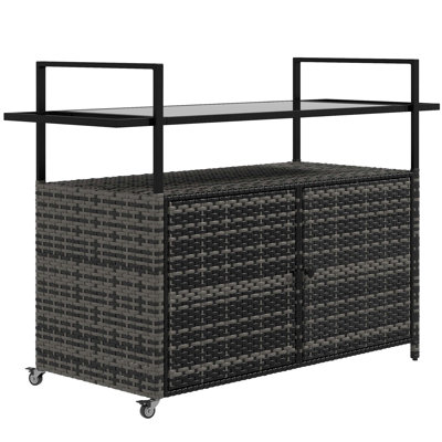 PE Rattan Outdoor Bar Table, Outdoor Kitchen Island with 2-Tier Shelf & Cabinet, Patio Serving Cart with Glass Top, Handles, Towel Racks for Poolside, Garden, Mixed Gray