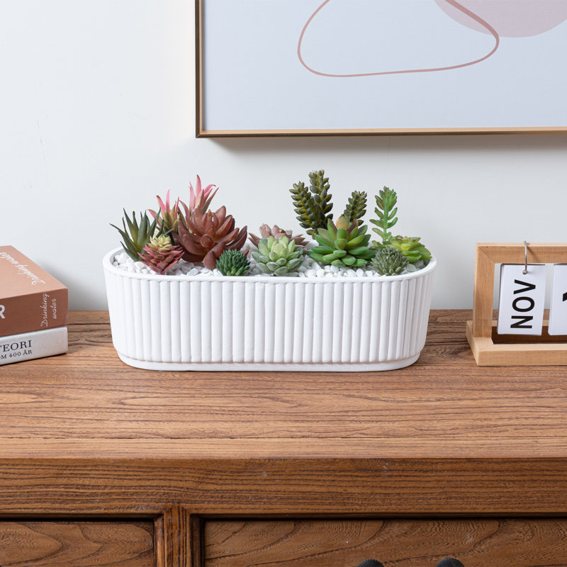 Indoor Oval White Ceramic Planter Pot with Tray