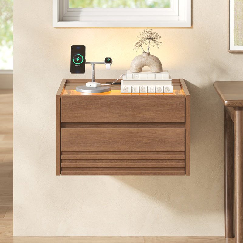 2-drawer Wall-mounted Floating Nightstand With Charging Station & Led Lights