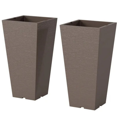 23 Inch Tall Planters for Outdoor Plants, Set of 2 Plastic Flower Pots, Weather and UV Resistant Stackable Tapered Large Planters for Front Door Patio Garden Use, Brown