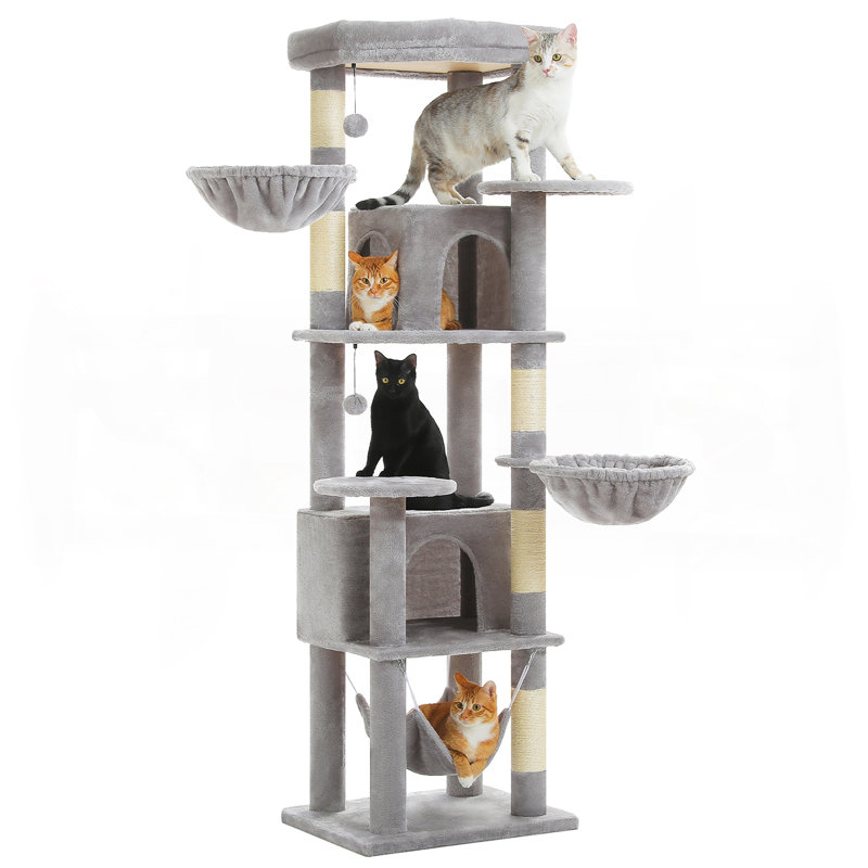 Arbre à chat de 71,2 po de hauteur pour grands chats d'intérieur, tour de chat à plusieurs niveaux avec 2 condos spacieux, 3 hamacs, très grand perchoir supérieur, 2 pompons