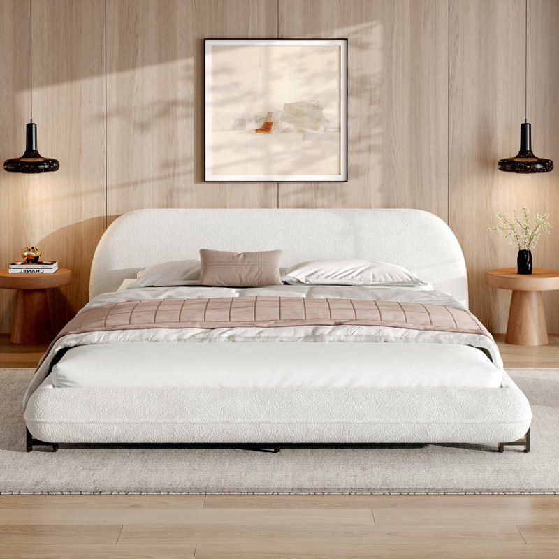 Upholstered Bed Frame with Boucle Fabric and Steel Legs