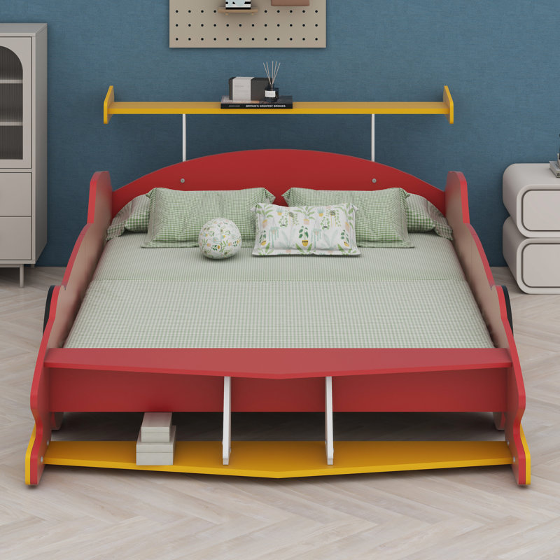 Race Car-Shaped Platform Bed With Wheels, Red