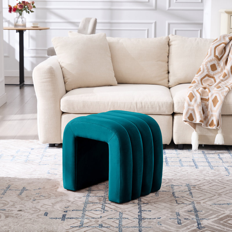 Rienna 19.3" W Channel Tufted Upholstered Ottoman, Teal Velvet