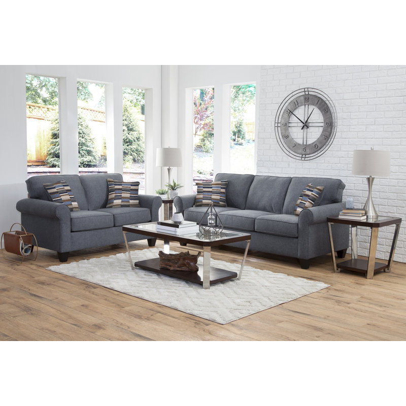 Blue Linen Rolled Arm Sofa with Removable Cushions