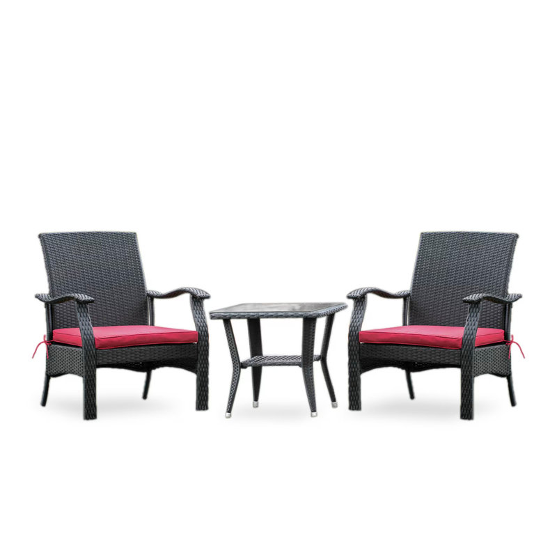 Ensemble de mobilier d'extérieur en osier 3 pièces comprenant une table basse rectangulaire en osier avec plateau en verre et 2 fauteuils de balcon avec coussin, petit, noir