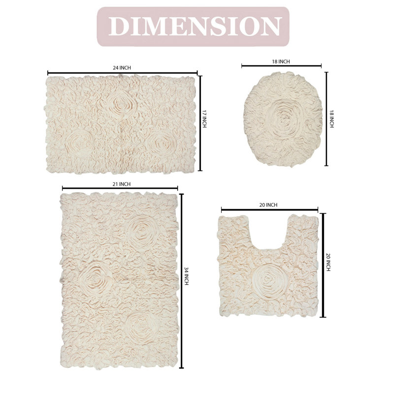Orobosa Collection 100% Cotton Tufted Machine Washable Bath Rugs (Set of 4), Ivory
