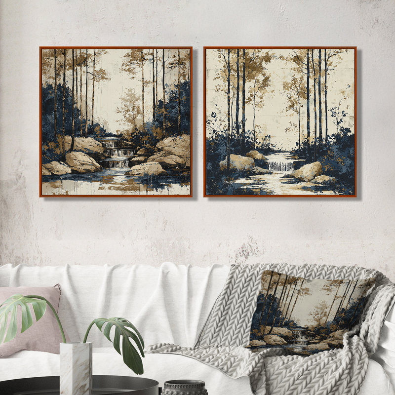 «Beige Forest» et «Blue River Natures Balance I», ensemble d'art décoratif mural, ensemble 2 pièces, H 16 po x l 33 po, Brun
