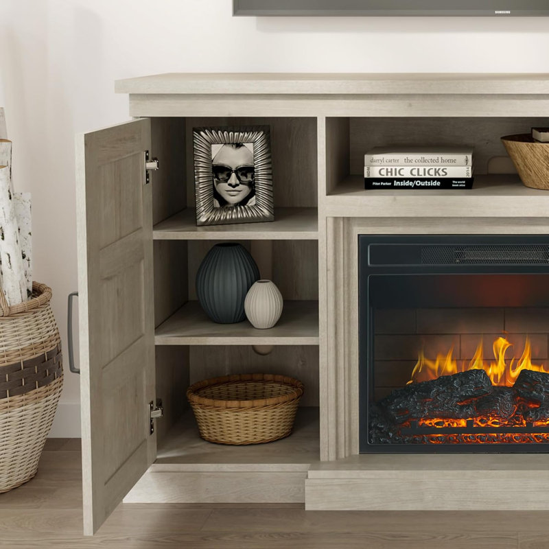 Meuble télé 59 po avec foyer 3D, centre de divertissement moderne pour téléviseurs de 65 po ou moins, conception Highboy avec portes de grange en verre et rangement