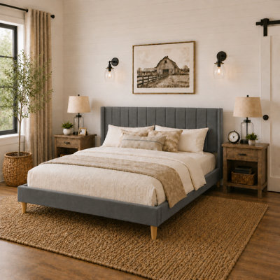 Eriksay Low Profile Upholstered Platform Bed with Wingback Headboard