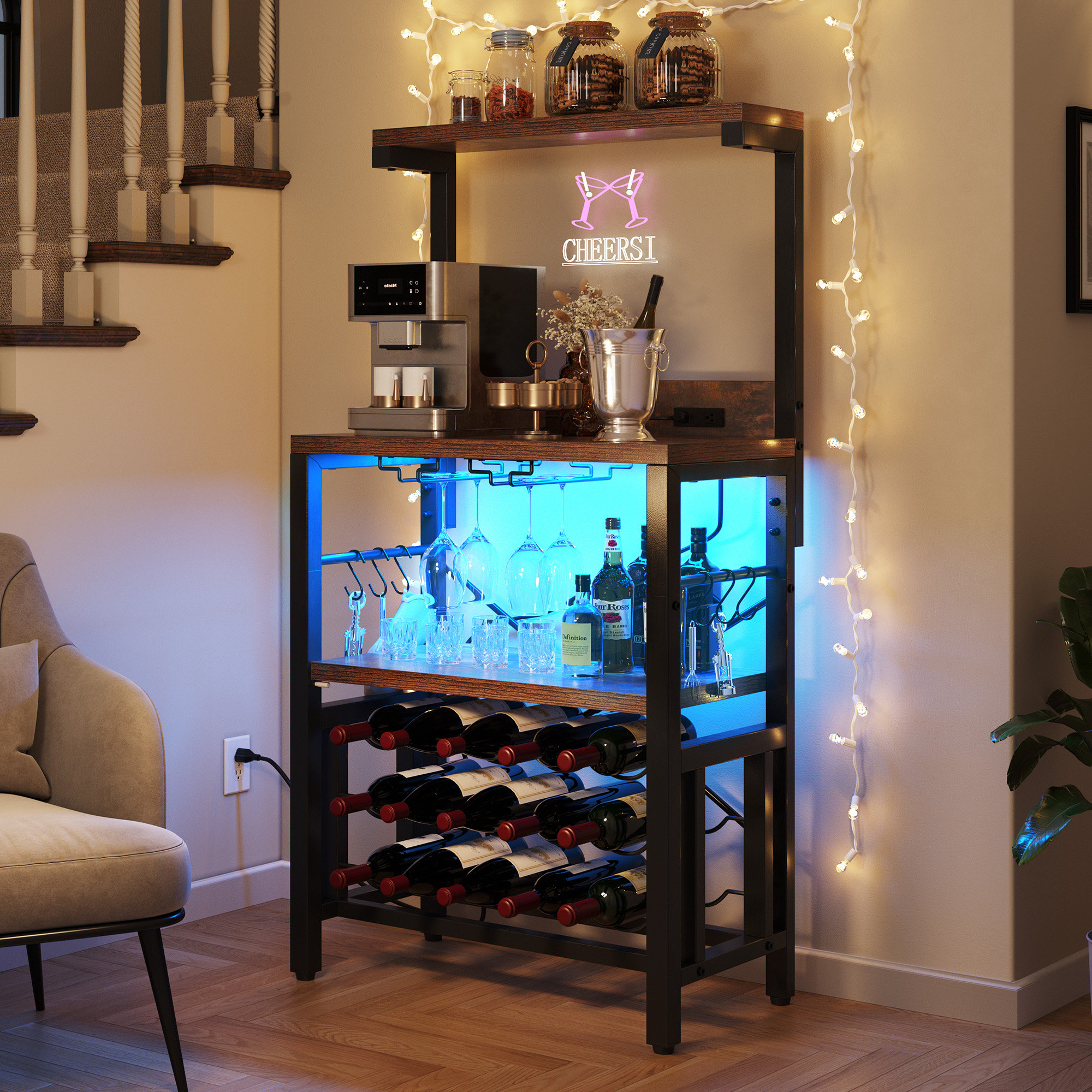 17 Stories Helyne Wine Bar Cabinet with LED Lights, 4-Tier Coffee