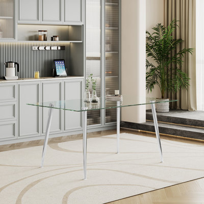 Table de salle à manger en verre trempé de 0,32 po d'épaisseur avec supports en métal argenté, ajout élégant aux espaces, verre facile à nettoyer et durable, choix de couleur dorée, 64,28 po de profondeur, 35,11 de largeur, 29,87 de hauteur, 86,97 po