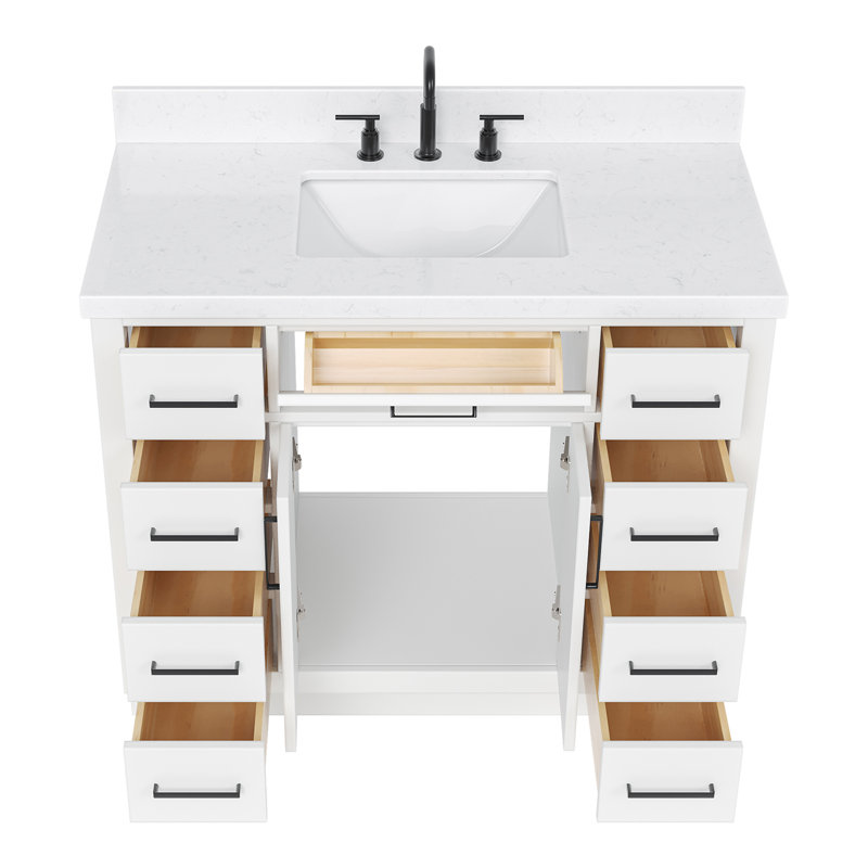 Meuble-lavabo simple en bois massif 42 po avec plateau en quartz Carrara de 1,5 po Thornaby, Blanc / noir mat