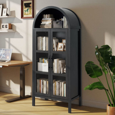 72" H x 31" W Farmhouse Arched Bookcase Wood Storage Display Cabinet With Glass Door & Adjustable Shelves