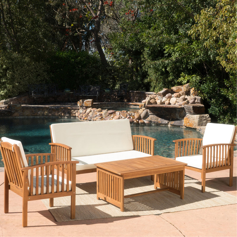 Wood 4Pc Side Yard Chat With -Blocking Cushions Front Porch Collection - Padding, Cream