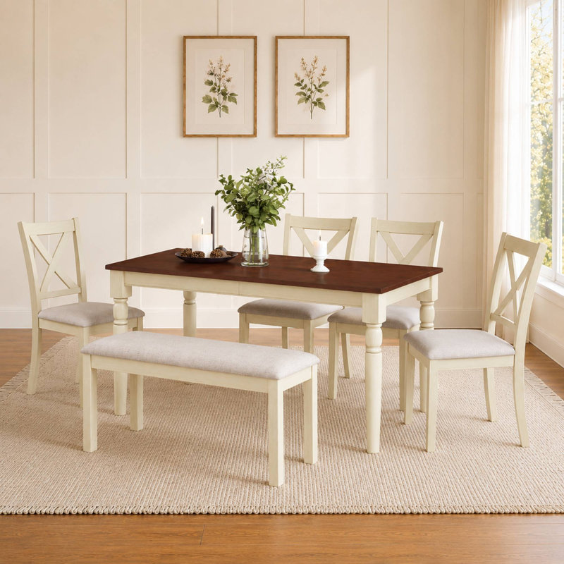 Ensemble de table de salle à manger 6 pièces en bois massif avec banc Farmhouse, Beige/Cream, Cream