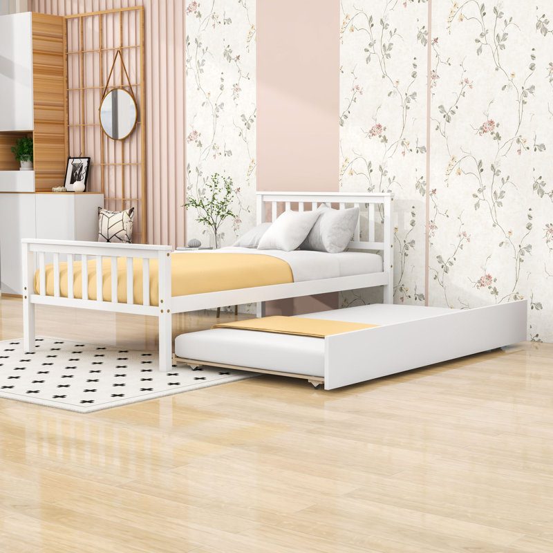 Lit plateforme simple avec lit gigogne simple, tête et pied de lit, Blanc