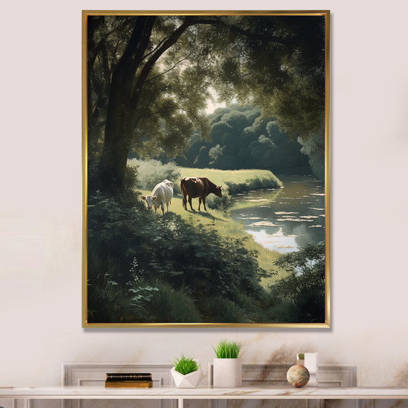 Vaches marchant près d'un lac - Scène de campagne, 40" H x 30" W, Silver Picture Framed
