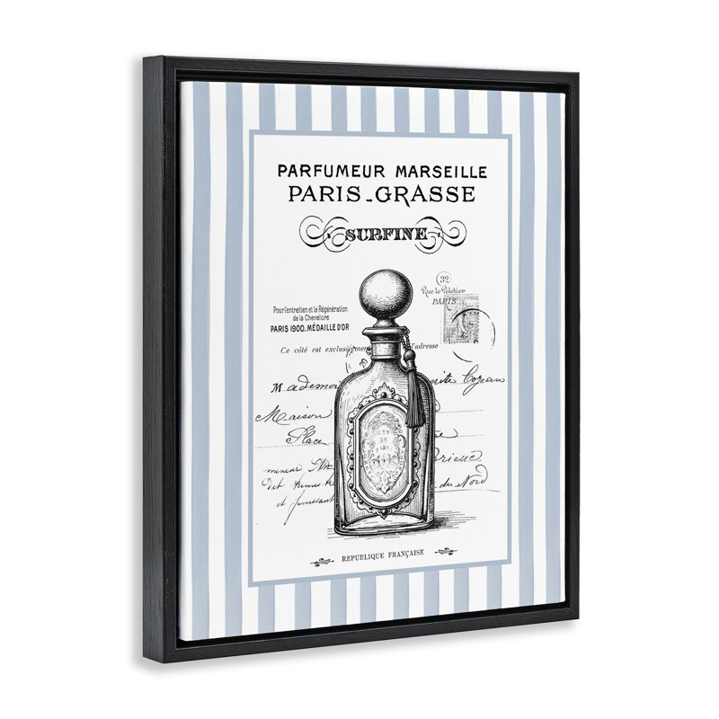 Parfum français sur cadre flottant à rayures, design par lettré et doublé, H 31 po x l 25 po, Cadre flottant noir de jais