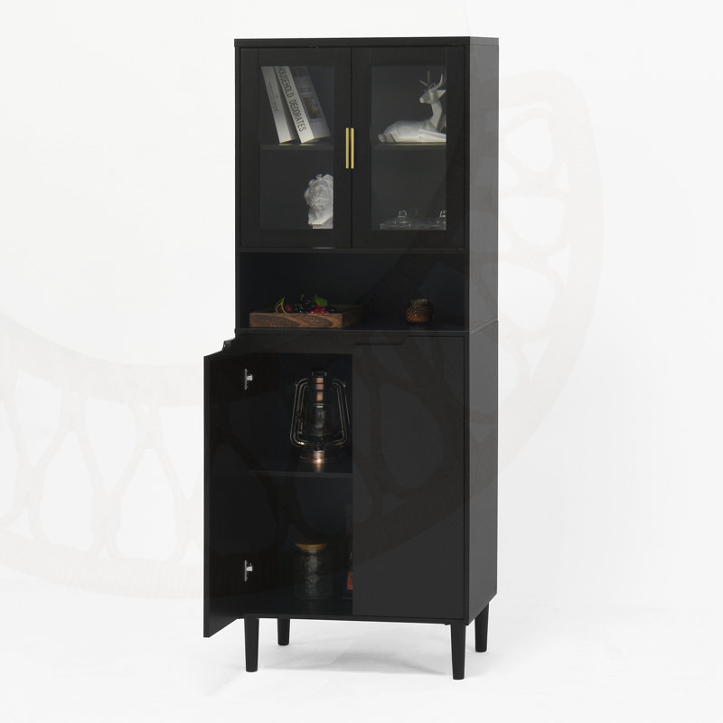 Tempered Glass Door Tall Storage Bookcase with Adjustable Shelves, 4 Doors MDF Painted Cabinet for Living Room and Bedroom