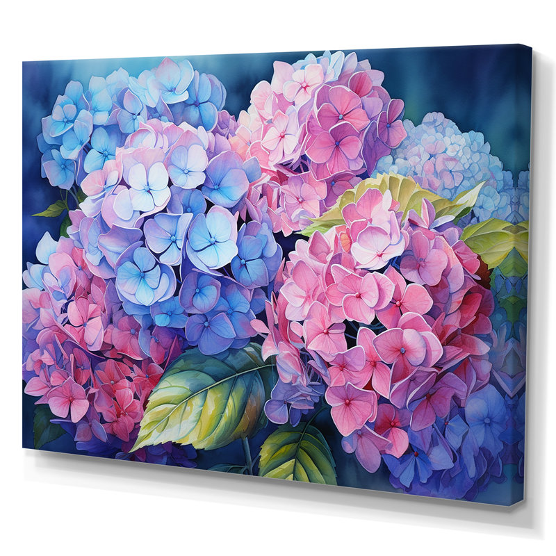Hortensia rose et mauve coucher de soleil I - impression, H 24 po x l 32 po x P 1 po, Toile tendue