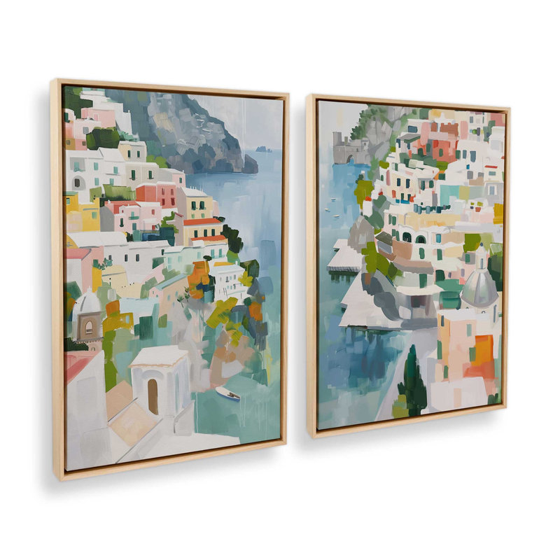 Ensemble de 2 impressions Costal Village Glow v2, 30 po x 20 po, Cadre américain en érable flottant