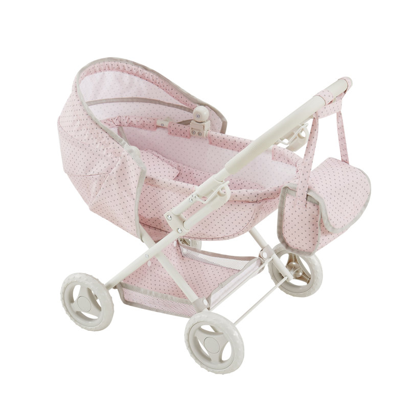 Pink and Gray Polka Dot Baby Doll Pram Stroller with Retractable Canopy
