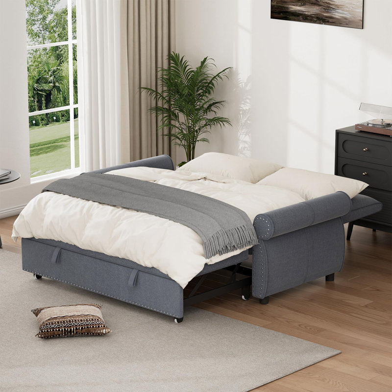 3 In 1 Sofa Bed, 61 Inch Convertible Pull Out Couch With Four Pillows, Gray