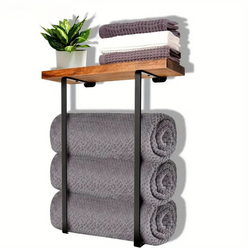[Porte-serviettes noir] Porte-serviettes mural noir minimaliste élégant avec tablette en bois - Organisateur de salle de bain pour grandes, petites et serviettes à main