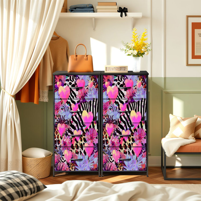 Commode moderne pour la chambre à coucher avec 4 tiroirs de rangement à imprimé léopard abstrait et cœurs roses