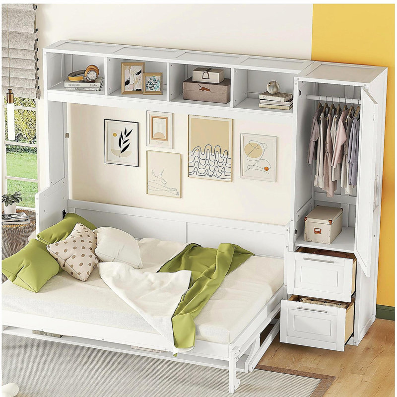 Grand lit mural avec commode et tiroirs, blanc, Blanc, Grand lit