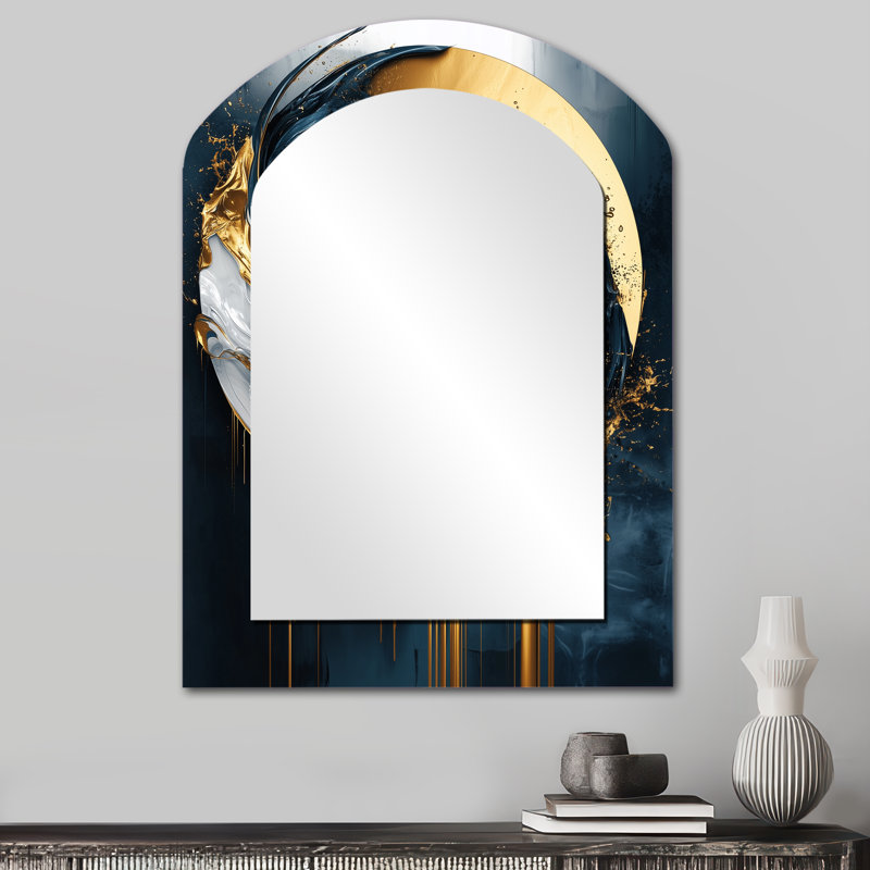 «Black Gold Abstract Shapes and City», formes abstraites, miroir asymétrique unique, grand miroir mural en arc doré, impression sur métal