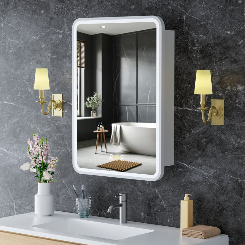 20" W x 28" H Fruzsina Modern Iron Framed Surface/Recessed Mount Medicine Cabinet with Mirror, Adjustable Glass Shelves, Dimmable Lighting, Anti-Fog and Memory Function for Makeup, Shaving or Bathroom Vanity Storage