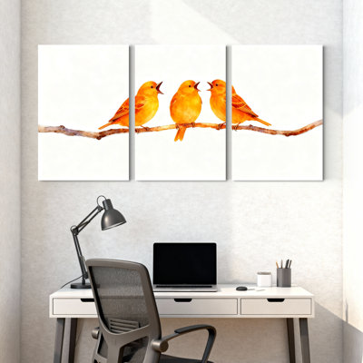 «Birds Three Yellow Birds Singing On Branch», ensemble de 3 impressions sur toile
